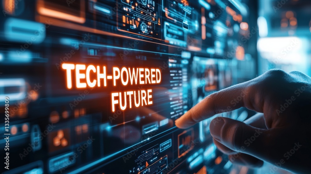 Futuristic display with a hand touching digital interface text. Futuristic display with a hand touching digital interface text.