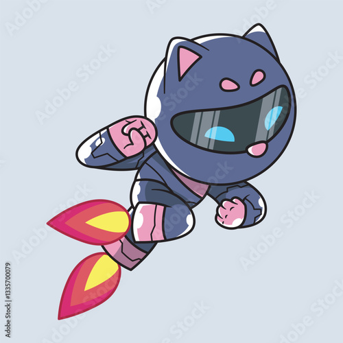 cool robot cat vector flying with rocket legs about to unleash a punch move
