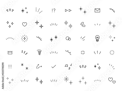 シンプルなアイコンのベクターイラストセット。飾り、ハート、シンプル、星、集中線