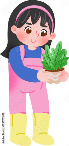 Illustration of Girl Holding Plant
