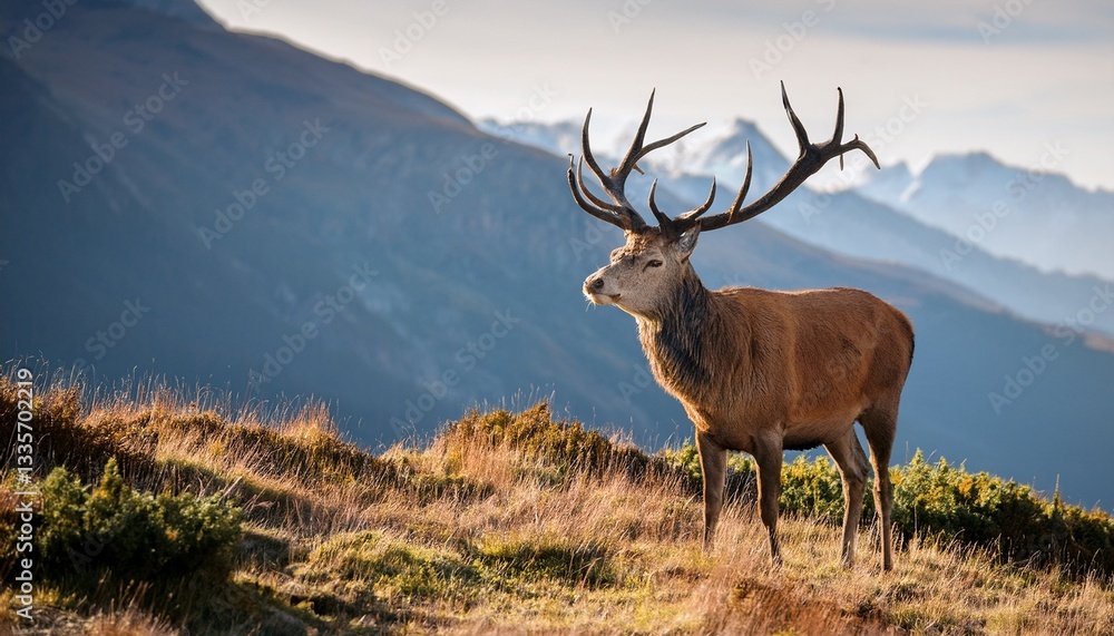Fototapeta premium a majestic red deer stag stands in a mountainous landscape its antlers held high