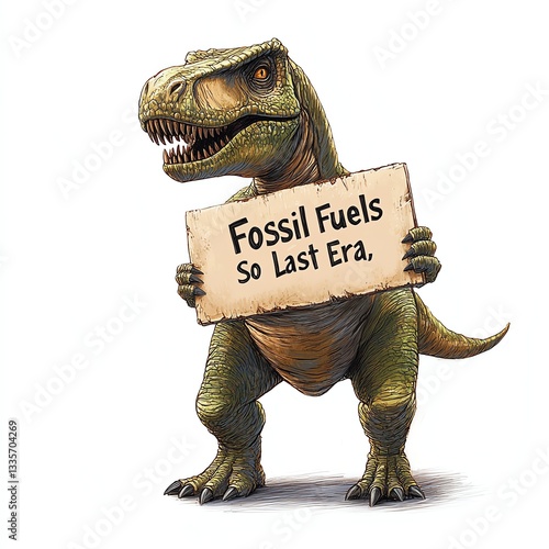 Fototapeta Naklejka Na Ścianę i Meble -  A dinosaur holding a sign advocating against fossil fuels, promoting environmental awareness and sustainability.