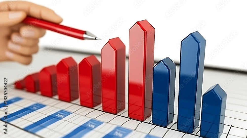Fototapeta premium Hand pointing at a 3D bar graph showing fluctuating data.