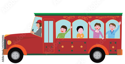 レトロなバスに乗って楽しんでいる家族。