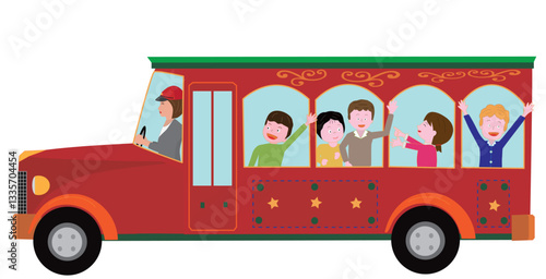 レトロなバスに乗って楽しんでいる子供たち。