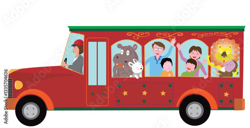 レトロなバスに乗って楽しんでいる動物と家族。