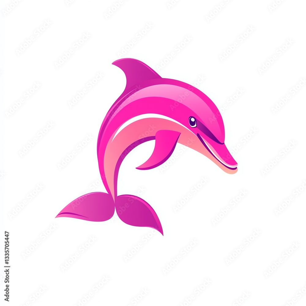 Fototapeta premium A vibrant pink dolphin gracefully leaps, showcasing its playful energy against a stark white backdrop. Its joyful expression adds to the images lighthearted charm.