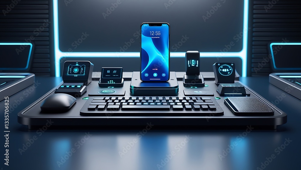 Mobile phone and laptop on office desk with keyboard and notebook showing technology and communication tools for work and business Mobile phone and laptop on office desk with keyboard and notebook showing technology and communication tools for work and business