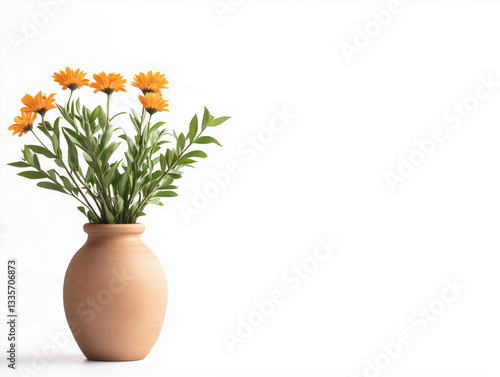Wallpaper Mural Terracotta Vase with Bright Orange Flowers on White Background Torontodigital.ca