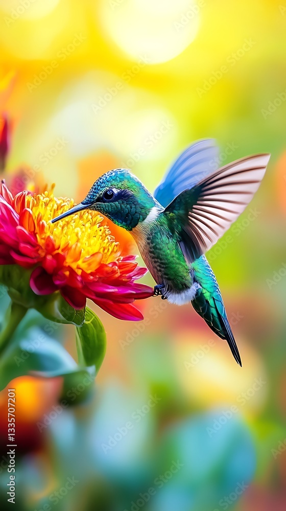 Naklejka premium Hummingbird's Grace: A Vibrant Encounter in a Garden of Delight