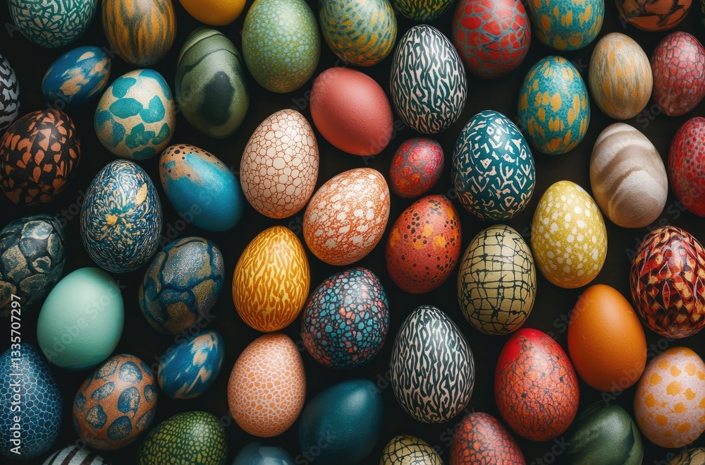 Vibrant Easter Egg Pattern in Overhead View with Ultra-Realistic Cinematic Style and Film Grain Effect Vibrant Easter Egg Pattern in Overhead View with Ultra-Realistic Cinematic Style and Film Grain Effect
