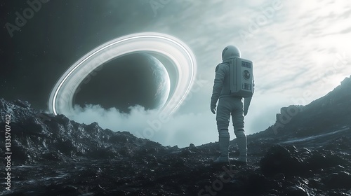 Wallpaper Mural An astronaut gazes at a ringed planet from a rocky alien landscape Torontodigital.ca