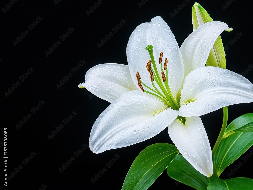 Fototapeta premium Elegant white lily with droplets on petals against a black background