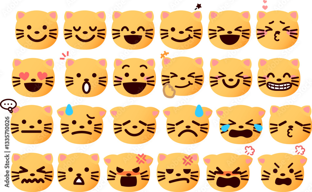 Fototapeta premium 絵文字、顔文字 いろいろな表情の猫の顔のイラストセット