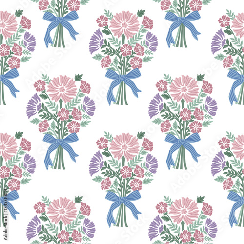 Bouquet floral pattern, bow floral, bow flower element, boho floral, boho print, flower ribbon repeat vector file