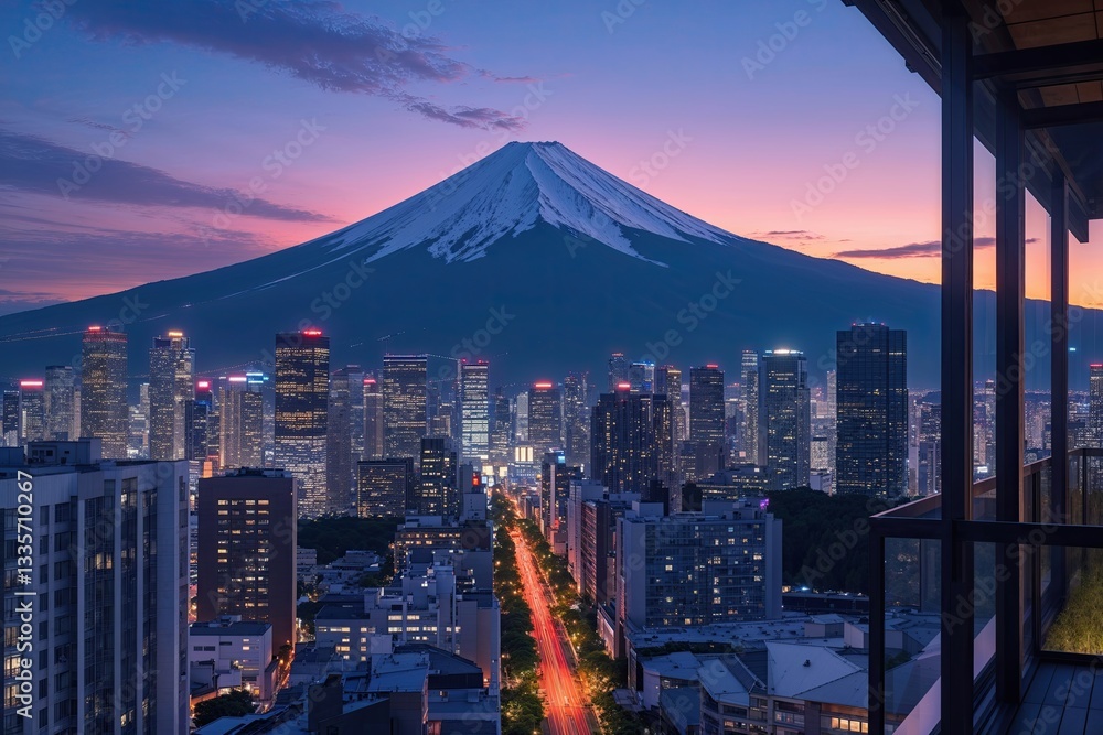 Naklejka premium Magical Sunset Colors Over Mount Fuji from a City Balcony Stunning Skyline Perspective