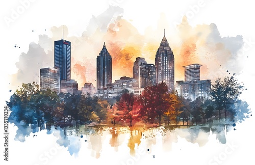 Atlanta Skyline Autumnal Watercolor Cityscape