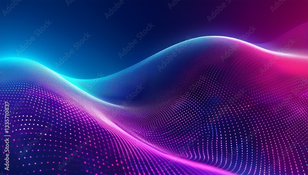 Abstract background of a blue and purple gradient with wavy dotted patterns, ideal for digital designs and wallpapers. Abstract futuristic blue and pink wave with moving dots.