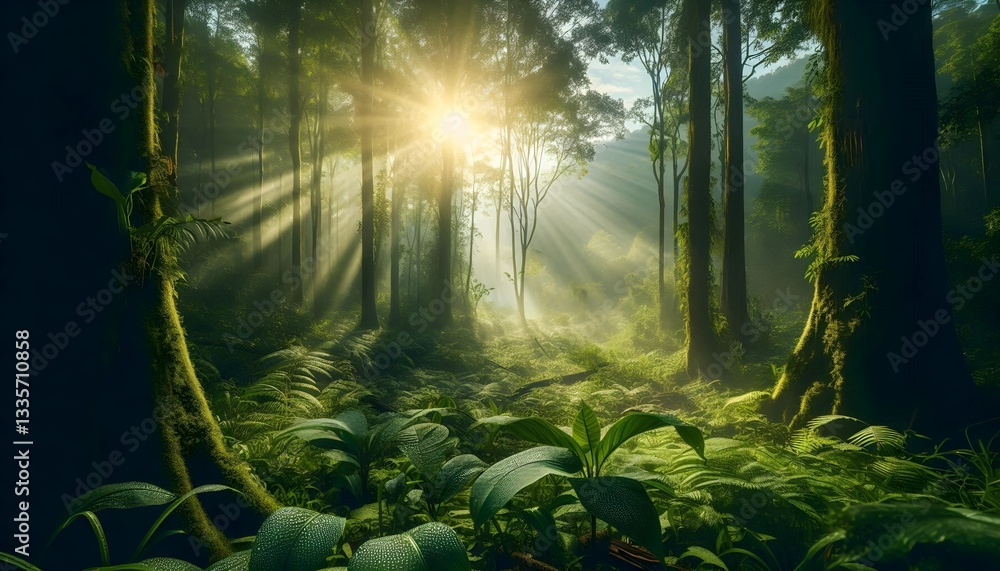 Obraz premium Eco-friendly morning scene of a lush forest covered in dewdrops, where the sun’s rays break through the mist, highlighting the fresh and untouched beauty of nature.