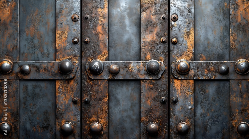 Fototapeta premium Close-up view of textured metal panel with rivets showing signs of rust and wear
