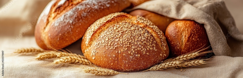 Artisan bread loaves with crusty texture and oat topping, resting on cloth with wheat stalks. Artisan bread loaves with crusty texture and oat topping, resting on cloth with wheat stalks.