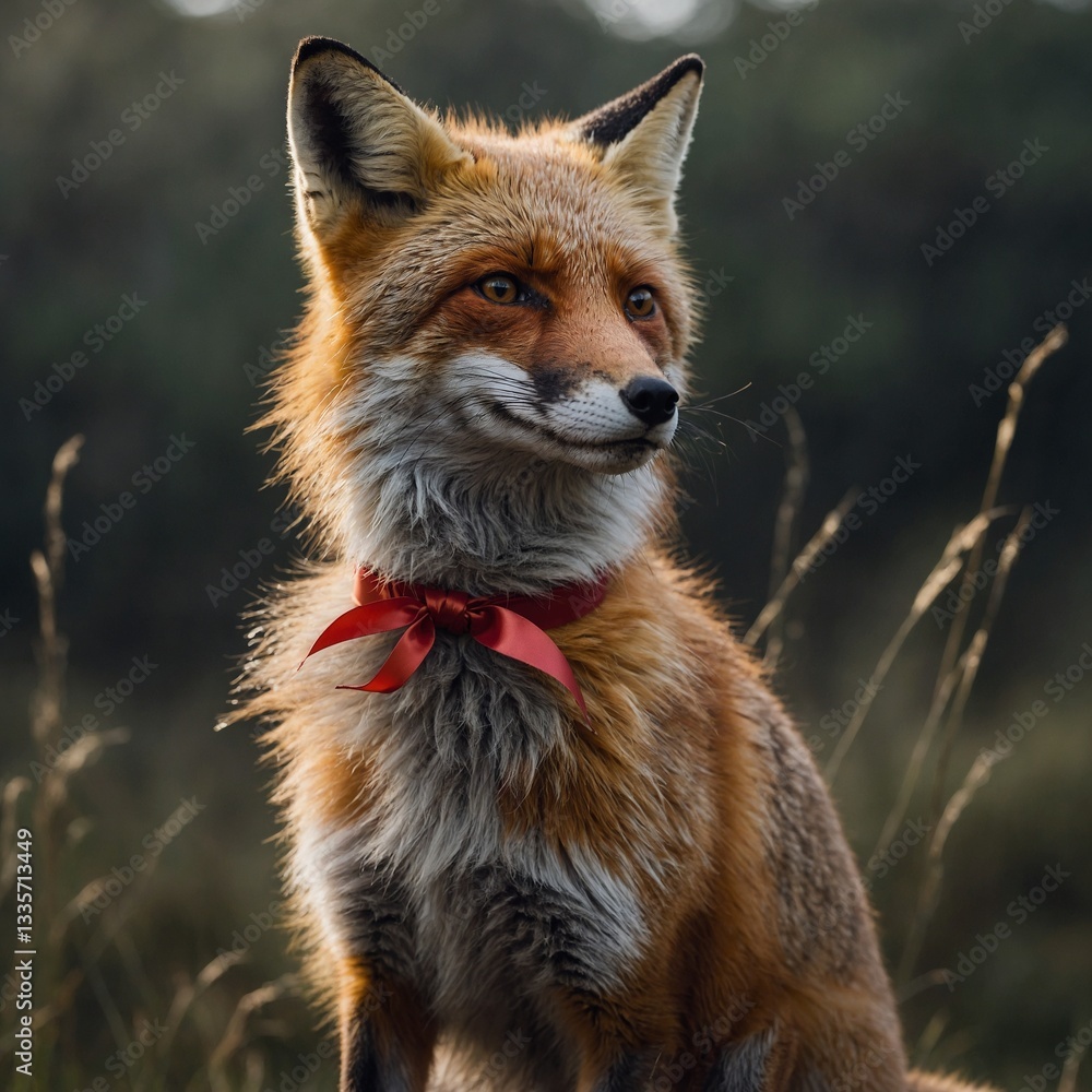 A fox with a silk ribbon tied around its neck, fluttering in the wind. A fox with a silk ribbon tied around its neck, fluttering in the wind.