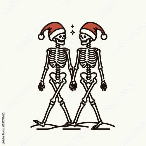 Skeleton couple wear santa hat walking together minimalist silhouette graphic depicts a spooky yet festive winter stroll