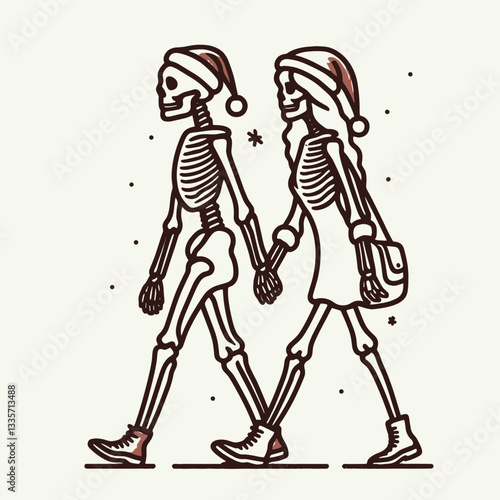 Skeleton couple wear santa hats walking together a minimalist silhouette graphic depicting a whimsical winter stroll
