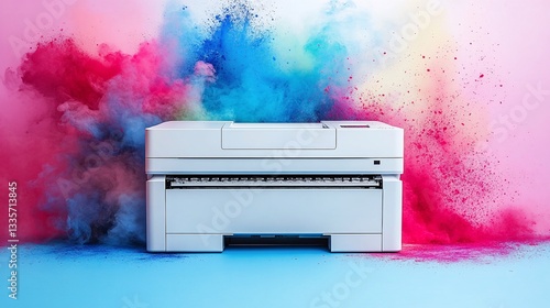 Futuristic printer setup, vibrant colors against a sleek, modern design