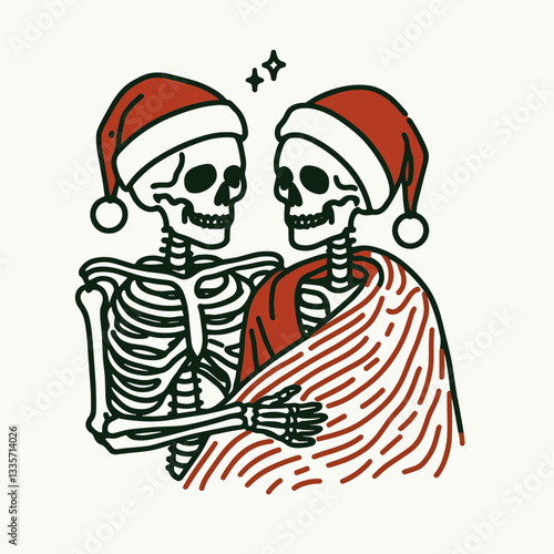 Skeleton couple wear santa hat sharing a blanket minimalist vector graphic of a spooky holiday romance