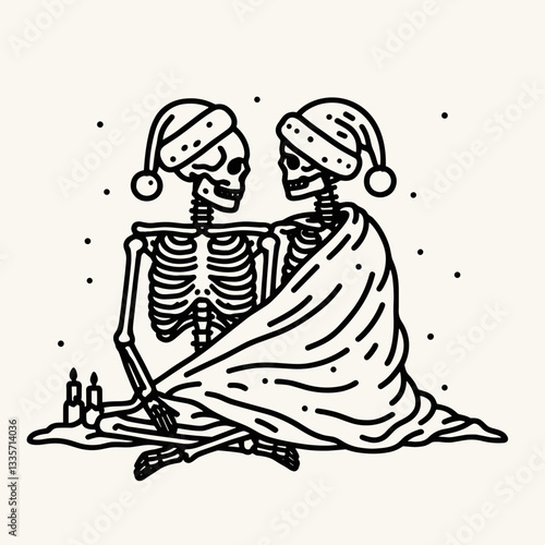 Skeleton couple wear santa hats sharing a blanket snuggled close minimalist vector drawing a winter love story