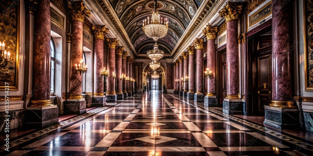 Fototapeta premium Golden Colonnade Palace Interior: Luxury Marble Corridor Aerial View - Royal Architecture, Classic Design