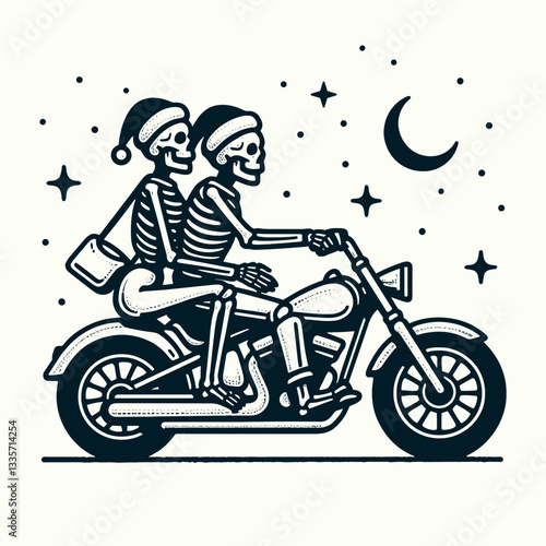 Skeleton couple wear Santa hats ride cruiser motorcycle minimalist vector graphic speeding through a snowy night