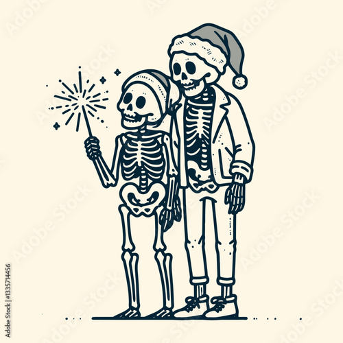 Skeleton couple wear santa hats playing with sparklers minimalist vector graphic of a spooky holiday scene