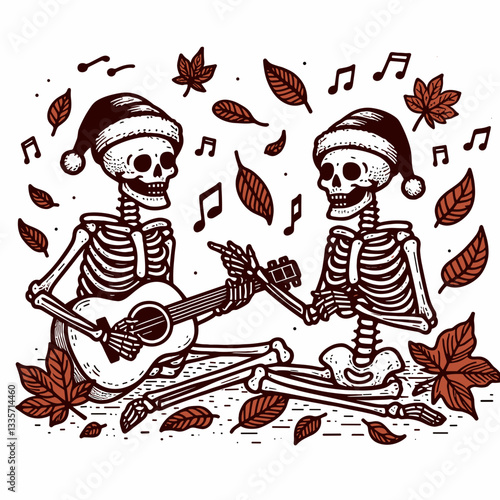 Skeleton couple wear santa hats playing with autumn leaves a minimalist vector graphic illustration.