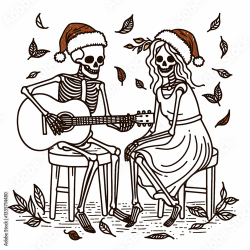 Skeleton couple wear santa hats playing with autumn leaves a minimalist vector drawing of spooky season fun.