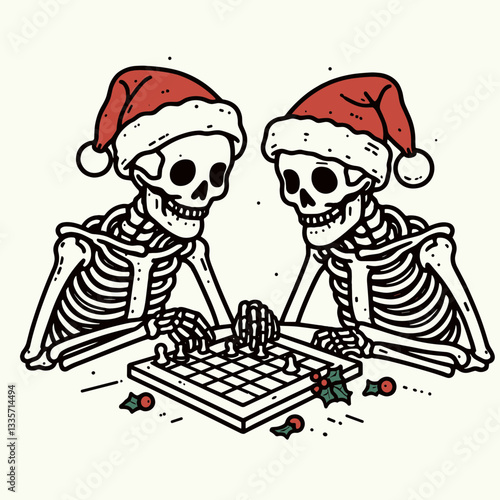 Skeleton couple wear santa hats playing games together a minimalist vector drawing shows their spooky holiday fun