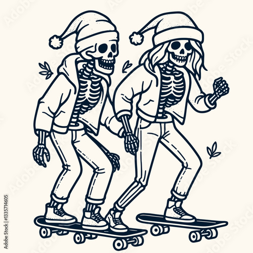 Skeleton couple wear Santa hats play skateboard a minimalist monochrome vector graphic