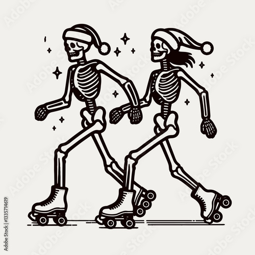 Skeleton couple wear santa hats play roller skates; a minimalist vector graphic depicts their joyful holiday fun.