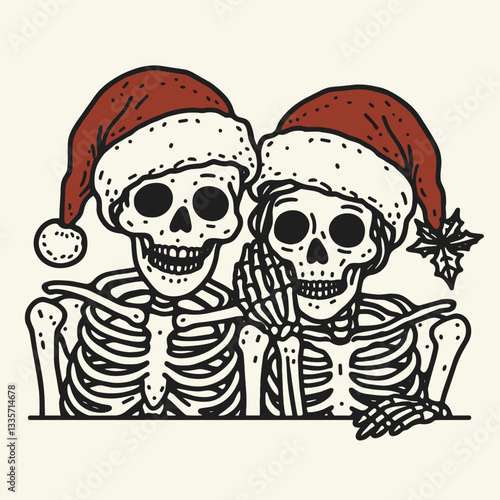 Skeleton couple wear Santa hats peeking mischievously from a minimalist doodle.