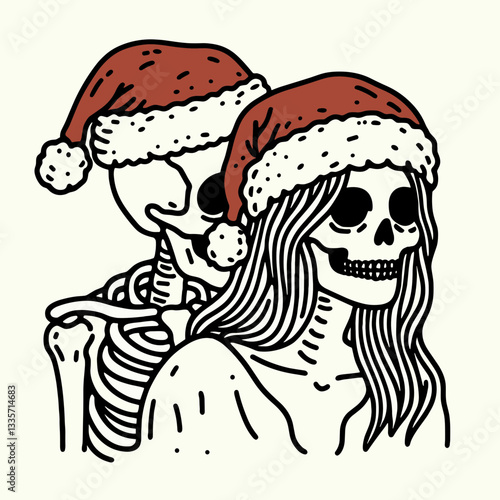 Skeleton couple wear santa hats peeking from a minimalist vector outline drawing