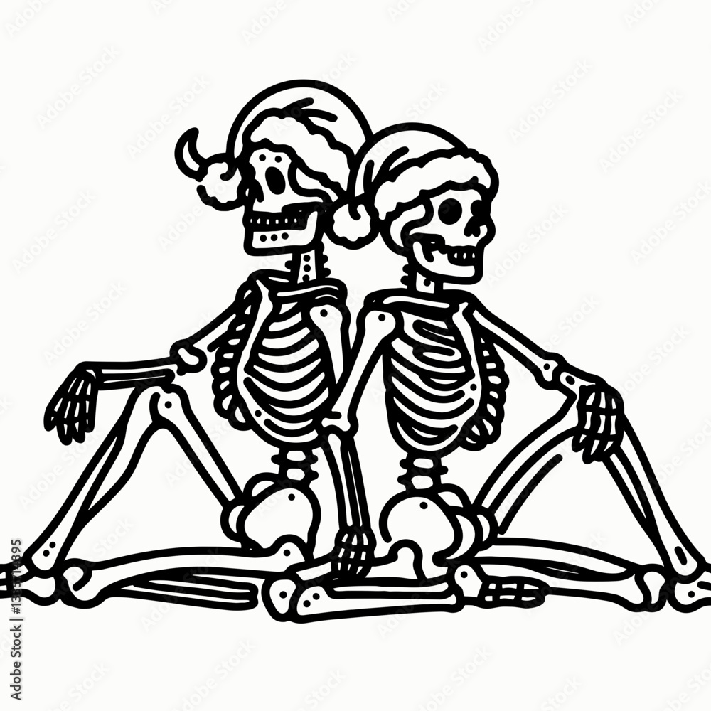 Fototapeta premium Skeleton couple wear santa hats lying in minimalist yoga poses; create a simple monochrome vector drawing