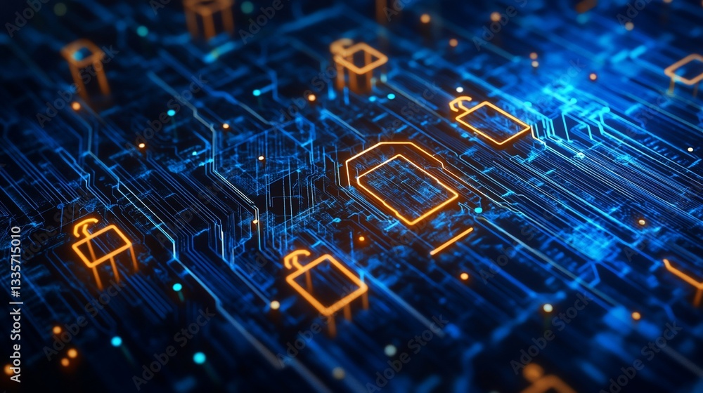 Conceptual digital security landscape with padlock icons for cyber protection Conceptual digital security landscape with padlock icons for cyber protection