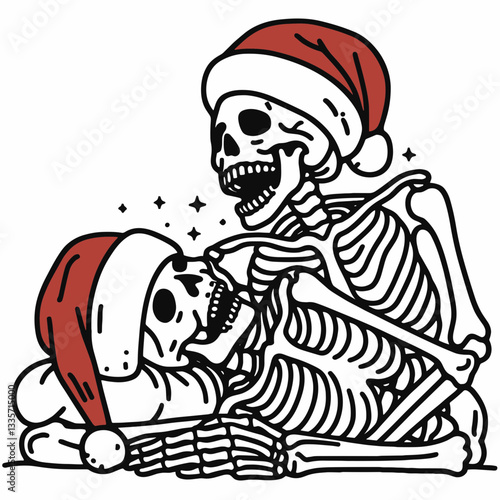 Skeleton couple wear santa hats lying on their backs laughing together a simple monochrome vector illustration depicts jolly skeletal mirth