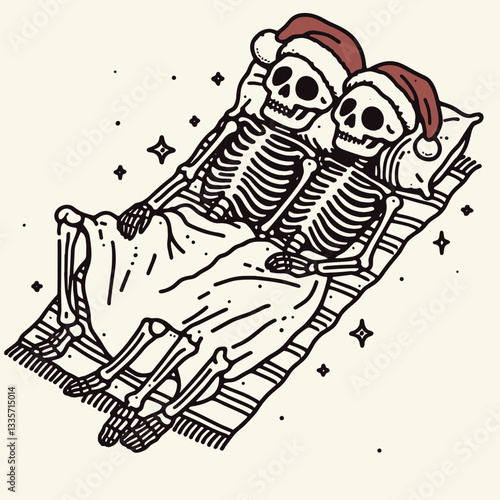 Skeleton couple wear santa hats laying on a blanket minimalist vector drawing of a spooky romantic Christmas scene
