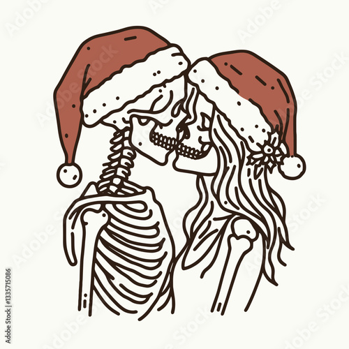 Skeleton couple wear santa hat kissing on the cheek a minimalist monochrome vector graphic of a loving skeletal pair.