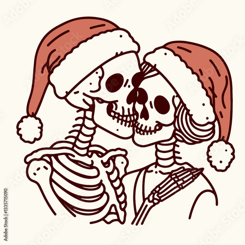 Skeleton couple wear santa hats kissing on the cheek a minimalist vector drawing of a loving undead holiday pair