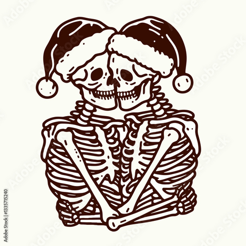 Skeleton couple wear santa hats hugging a minimalist monochrome vector drawing depicts spooky holiday love