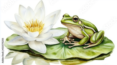 Watercolor illustration of a green frog sitting on a lily pad with a white water lily flower. Charming clip art sticker design with a detailed frog and floral element on a white background, ideal for  photo