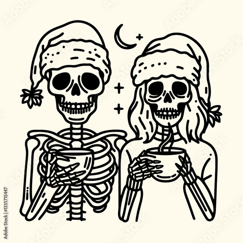 Skeleton couple wear Santa hats hold coffee mugs drink coffee merrily a simple monochrome vector illustration